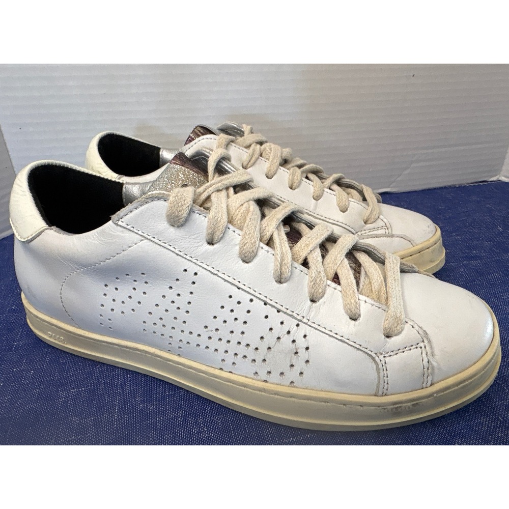 P448 John Size 36/6White Leather Glitter Tongue Low Top Sneakers